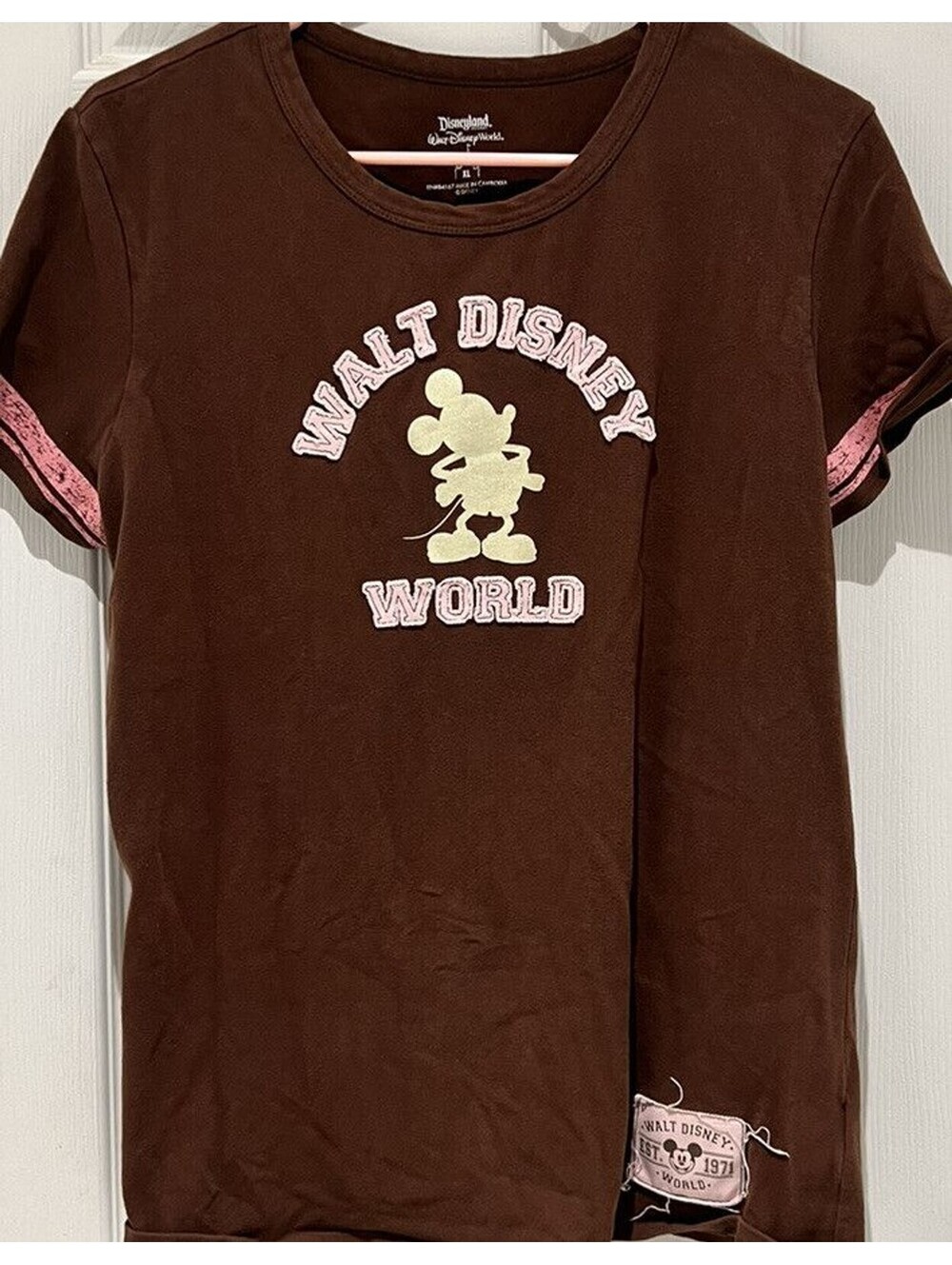 Disney Womens Mickey Mouse Fitted T Shirt Brown Cap Sleeve Size XL